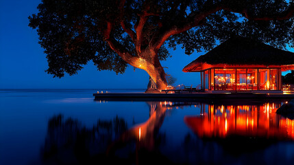 Lakefront Pavilion Dusk Tranquil Dinner
