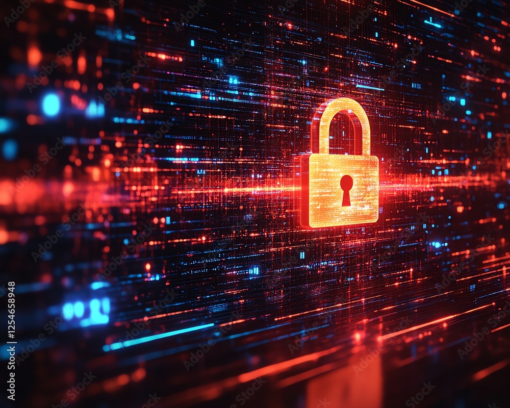 Poster digital screen showcasing a cybersecurity interface, padlock icon, and warning symbols, hightech sec
