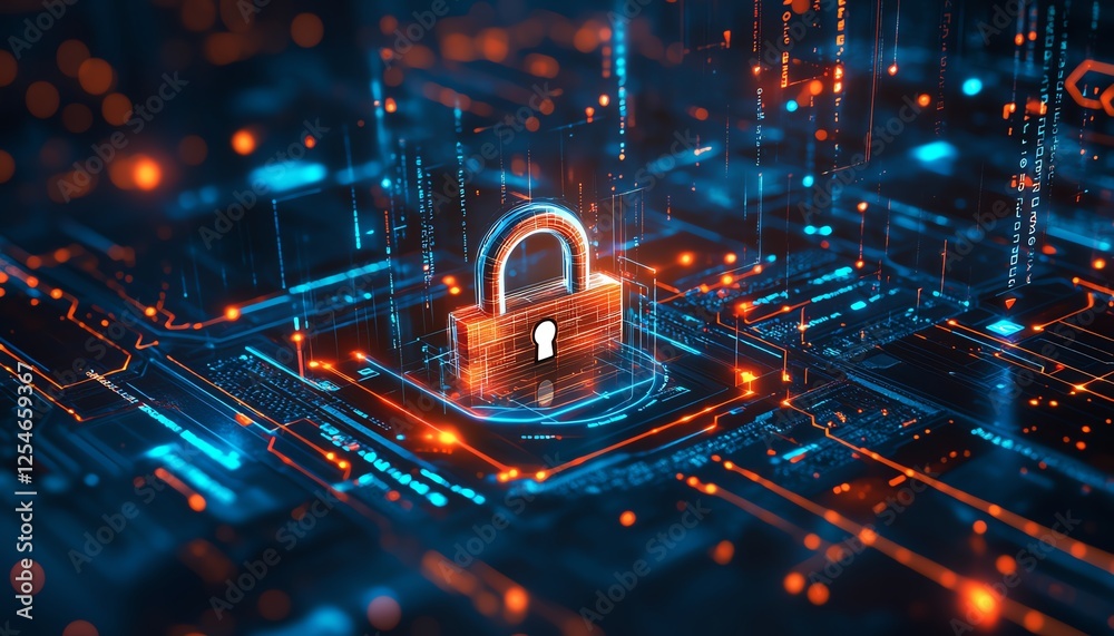 Poster futuristic cybersecurity interface featuring a padlock, warning icons, and digital alerts on a scree
