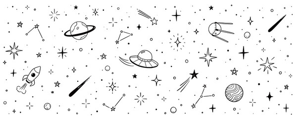 Space star vector kid universe background. Hand drawn doodle sketch style space cute galaxy background. Hand drawn kid galaxy universe pattern. Planet, rocket, star element. Vector illustration