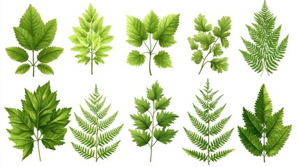 A collection of various green leaves showcasing diverse shapes and textures against a white background