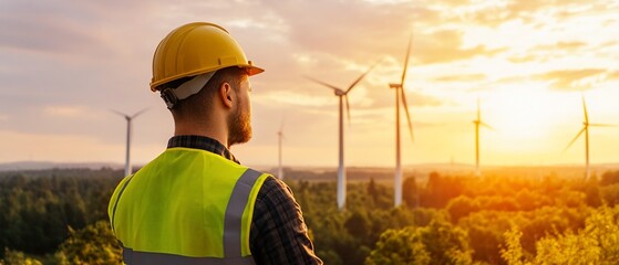 Worker sunset wind farm view. Green energy
