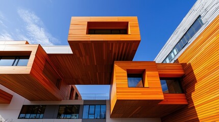Modern Architectural Design with Geometric Wood Clad Building Under a Bright Blue Sky