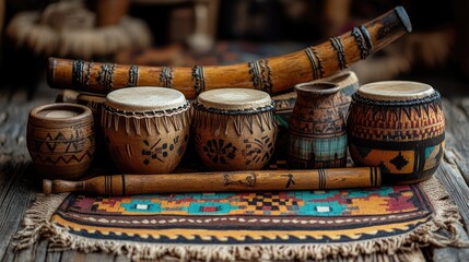 A collection of traditional handcrafted musical instruments displayed on a vibrant woven textile background