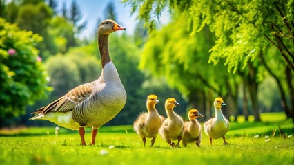 Hilarious Family of Geese Walking on Green Grass - Funny Goose Stock Photo