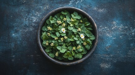 A bowl filled with fresh green leaves and small white flowers against a textured blue background.