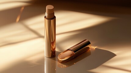 Elegant Golden Cosmetic Products Displayed with Soft Light and Shadows on Beige Background