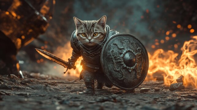 a cute mini cat in armor, with a shield and a sword, scared and fleeing from a dark soul boss, smoke, dark soul 3, elden ring, battle field, hyper real, unreal 5 render, hyper real, 35 mm lens, detail