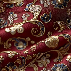 Naklejka premium Elegant Red Fabric with Gold Floral Embroidery Detailed Close Up Pattern