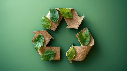 Eco-friendly recycling symbol made of cork and green leaves on a smooth green background