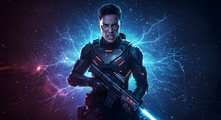 Fototapeta premium Futuristic Warrior Woman Holding Weapon in Space Lightning Background Scene