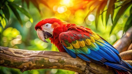 Obraz premium Macro Sleeping Red Macaw Parrot on Branch in Park - Vivid Wildlife Stock Photo
