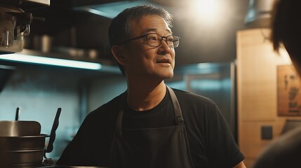 senior Asian chef in kitchen in restaurant kitchen