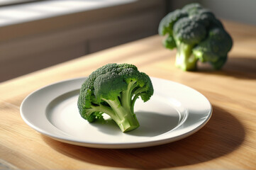 Fresh broccoli on a white plate, placed on a rustic wooden table, healthy eating and clean lifestyle concept