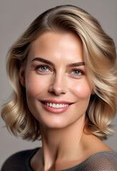 Close up portrait of a pretty smiling young woman with blond hair isolated on beige background. Clean and healthy skin, skincare. Health and wellness concept. Cosmetic and fashion concept.