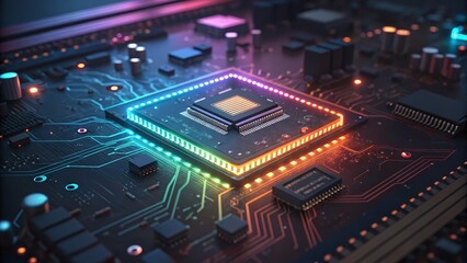 Obraz premium Glowing CPU on Circuit Board RGB Lighting, Close-up, Technology Concept, Digital Art CPU, Motherboard