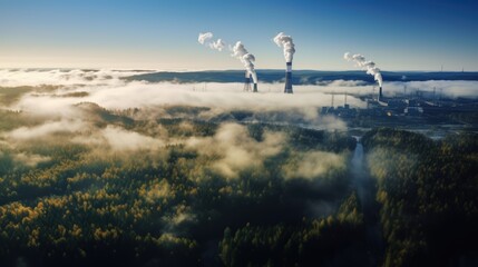 Obraz premium Misty Industry Landscape with Emission Towers Surrounded by Lush Green Forest and Blue Sky at Dawn