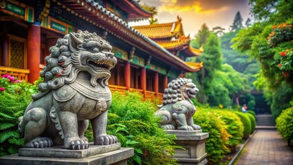 Fototapeta premium Majestic Stone Lions Guarding Traditional Chinese House - Stock Photo