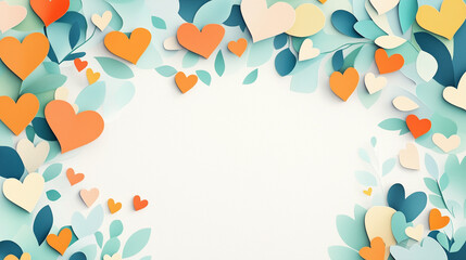 Papercut style background with a frame of heart-shaped leaves to symbolize Valentine's Day.