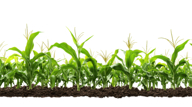greenery landscape, with corn plants growing, Isolated on pure white. 