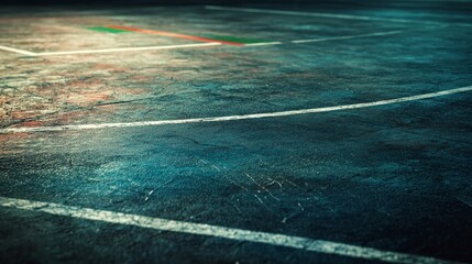 A dark sports court floor with a subtle texture, lightly distressed for realism, lit with low, dim ambient light. The surface should be smooth and matte with soft shadows along the edges to enhance