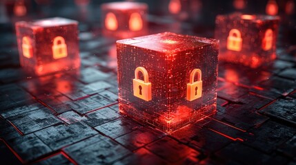 Glowing red cubes with padlock symbols on a textured surface, representing digital security concepts