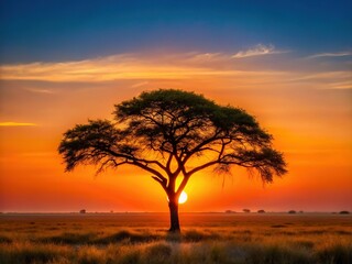 Obraz premium Minimalist Botswana Sunset: Silhouette of African Tree