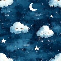 Dreamy Night Sky with Sleeping Clouds, Moon and Stars Illustration