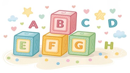 Fototapeta premium Pastel Alphabet Blocks Illustration Stacked ABC Blocks Design, Digital Painting, Baby, Nursery, Learning Baby Blocks, Alphabet Chart