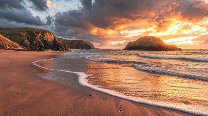 Dramatic sunset over a sandy beach with rocky cliffs and gentle waves creating a serene landscape