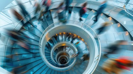 Blurred motion of people on spiral staircase, dynamic movement, abstract urban scene, modern architectural design, fast-paced city life

