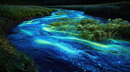 A serene river illuminated by bioluminescent algae, surrounded by lush greenery at dusk