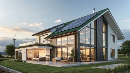 Fototapeta premium Sustainable Modern Home Solar Roof, Glass Walls, Outdoor Living