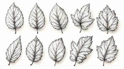 Collection of intricately detailed black and white leaf illustrations showcasing various shapes and textures