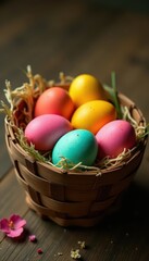 Naklejka premium Brightly colored eggs nestled in a rustic wooden basket , chocolate, decoration