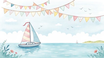 Fototapeta premium Watercolor Sailboat and Bunting Festive Seascape Illustration