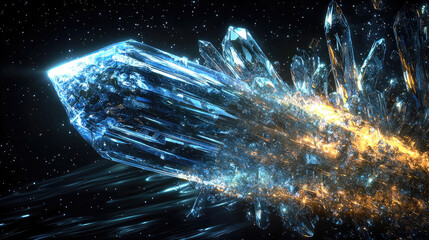 A stunning crystal shard soaring through a starry space backdrop, illuminating cosmic dust