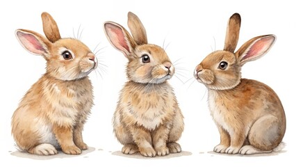 Watercolor Trio Three Brown Rabbits, Sitting Pose