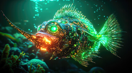 A vibrant, glowing fish swimming through a colorful underwater scene, surrounded by coral reefs