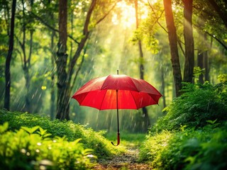Rain-Soaked Forest Clearing with Red Umbrella - Atmospheric Landscape Stock Photo