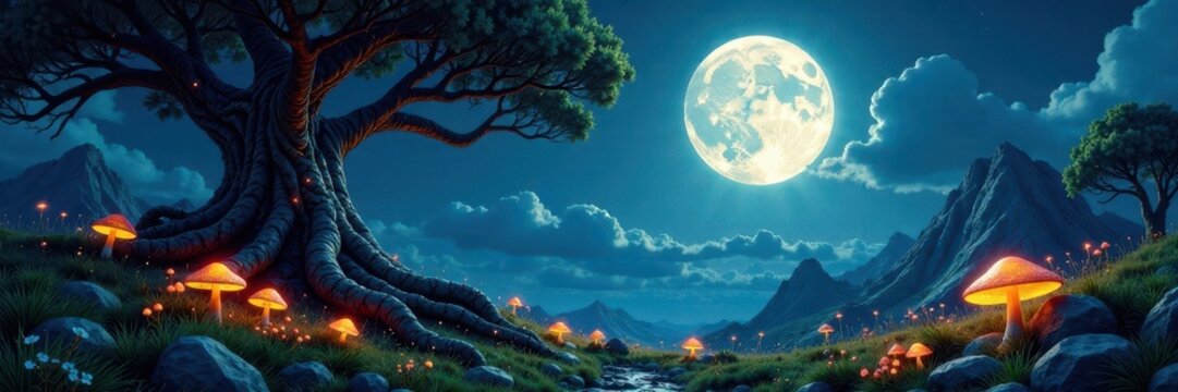 Ancient, twisting trees, glowing mushrooms, moonlit scene , dark, shadows