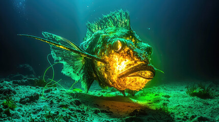 A vibrant underwater scene featuring a large, glowing fish amidst a sandy ocean floor and aquatic plants