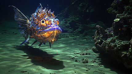 Underwater scene featuring a vibrant, bioluminescent fish swimming near a coral reef at night