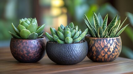 Trio of Succulent Plants in Decorative Pots on a Wooden Table with Soft Background Light