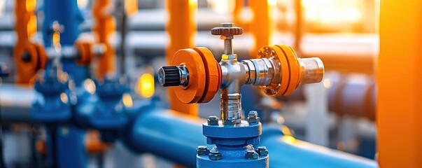 Naklejka premium Industrial pipeline system with orange and blue pipes and valves in a factory setting