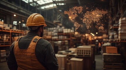 Fototapeta premium Worker in Safety Gear Observing Warehouse with Global Connectivity Map