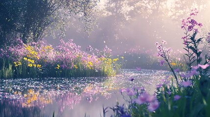 Obraz premium Serene riverbank landscape with wildflowers in bloom reflecting in the calm water surface