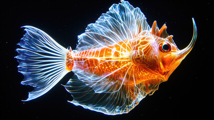 Vibrant transparent fish swimming gracefully in dark waters, showcasing its intricate fins and colors