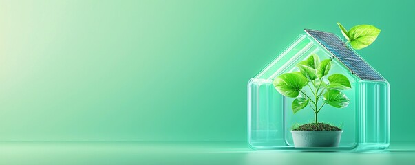 isometric 3D artwork of a solar-powered futuristic greenhouse, transparent panels absorbing energy, lush plants inside, self-sustaining energy model, high-tech agriculture, vibrant color contrast,