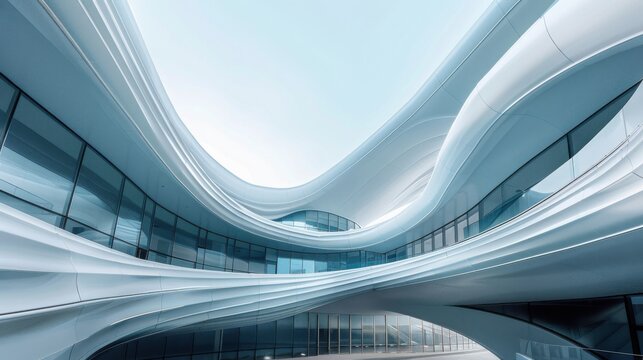 Bright modern ceiling, abstract curved architecture, sleek facade of a contemporary building in Shenzhen, China, innovative urban design


